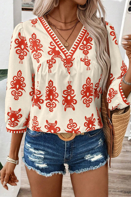 Orange Vintage Geometric Printed 3/4 Sleeve V Neck Blouse-Chaelisa's New Jammies