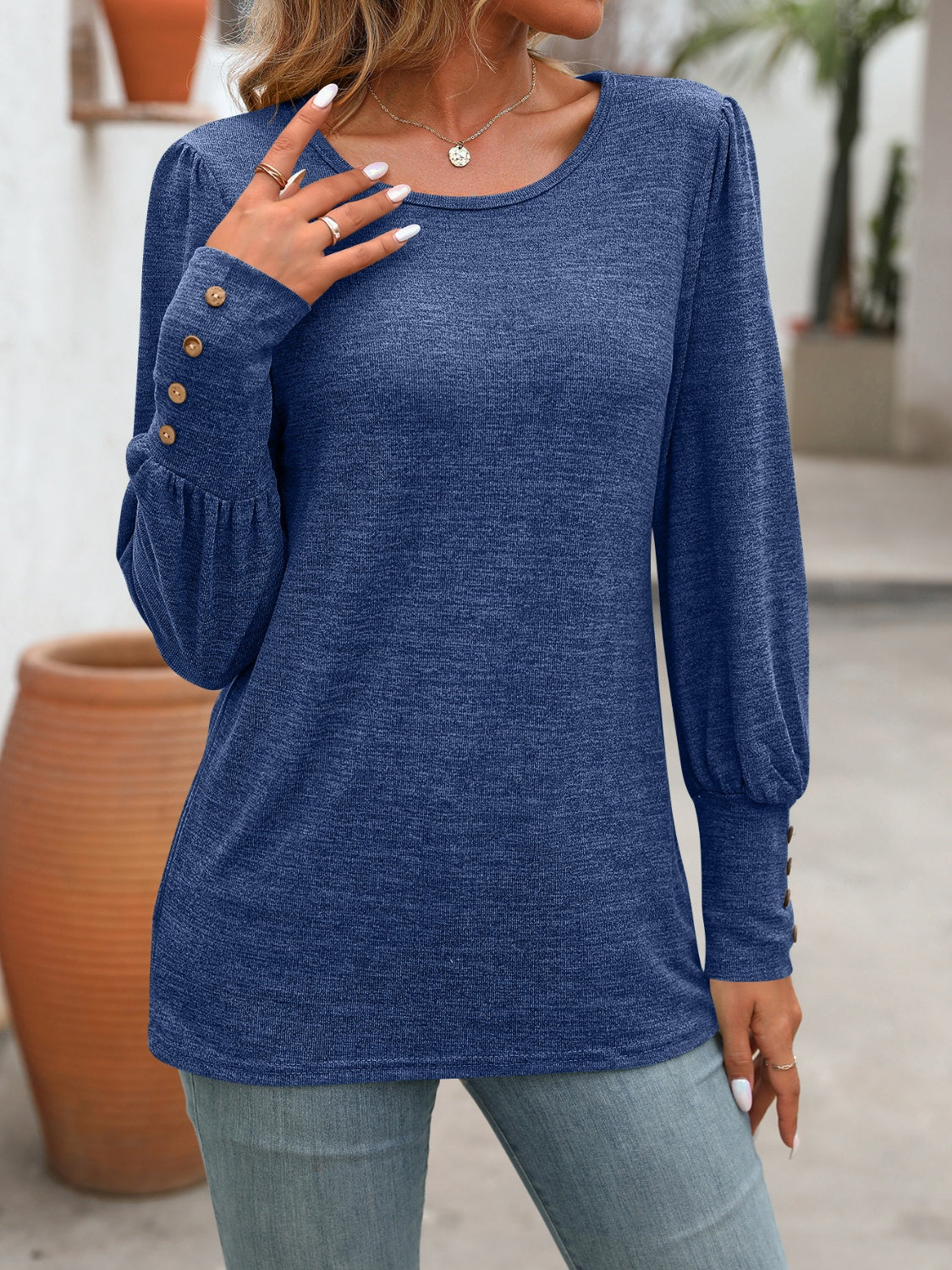 Decorative Button Round Neck Long Sleeve T-Shirt-Chaelisa's New Jammies