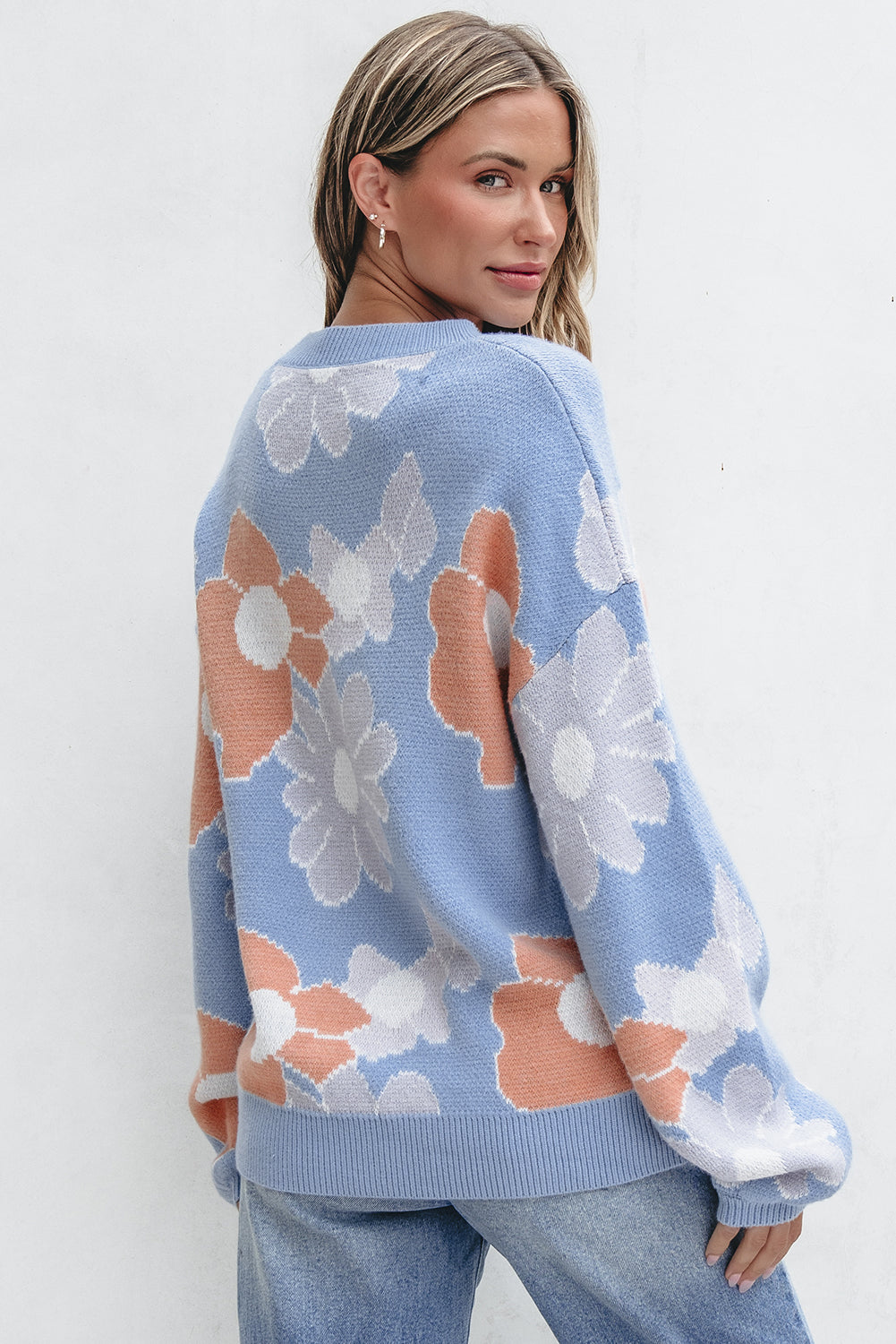 Beau Blue Floral O Neck Drop Shoulder Knitted Sweater-Chaelisa's New Jammies