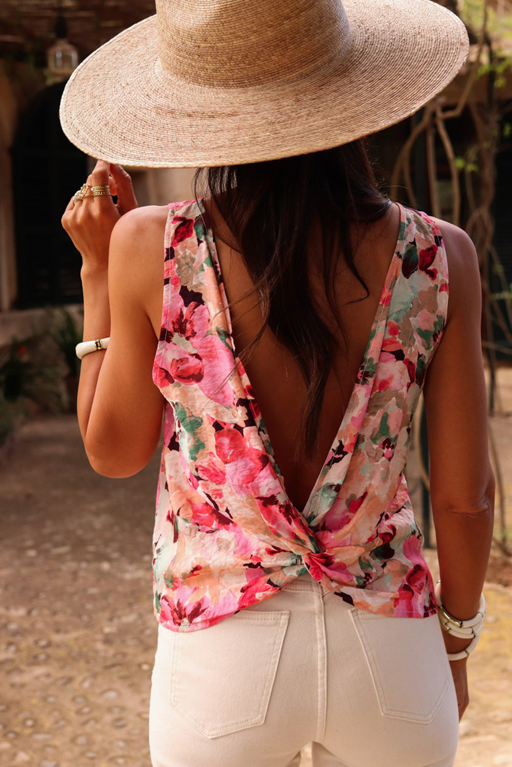 Pink Floral Round Neck Twisted Cut Out Back Tank Top-Chaelisa's New Jammies
