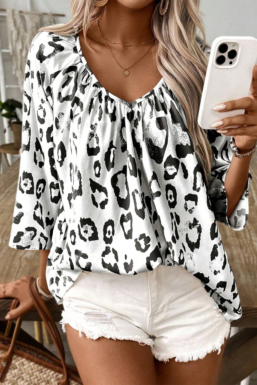 Black Leopard Print Ruched V Neck 3/4 Sleeve Blouse-Chaelisa's New Jammies
