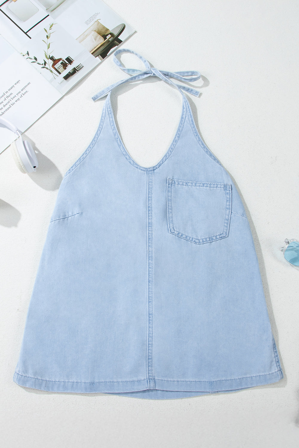 Beau Blue Knotted Open Back Halterneck Denim Tank Top-Chaelisa's New Jammies