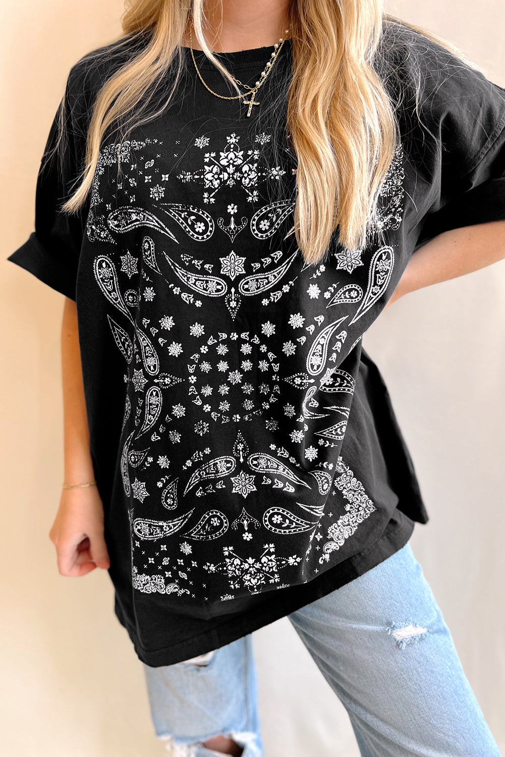 Black Paisley Print Crew Neck Loose Fit Tunic Tee-Chaelisa's New Jammies