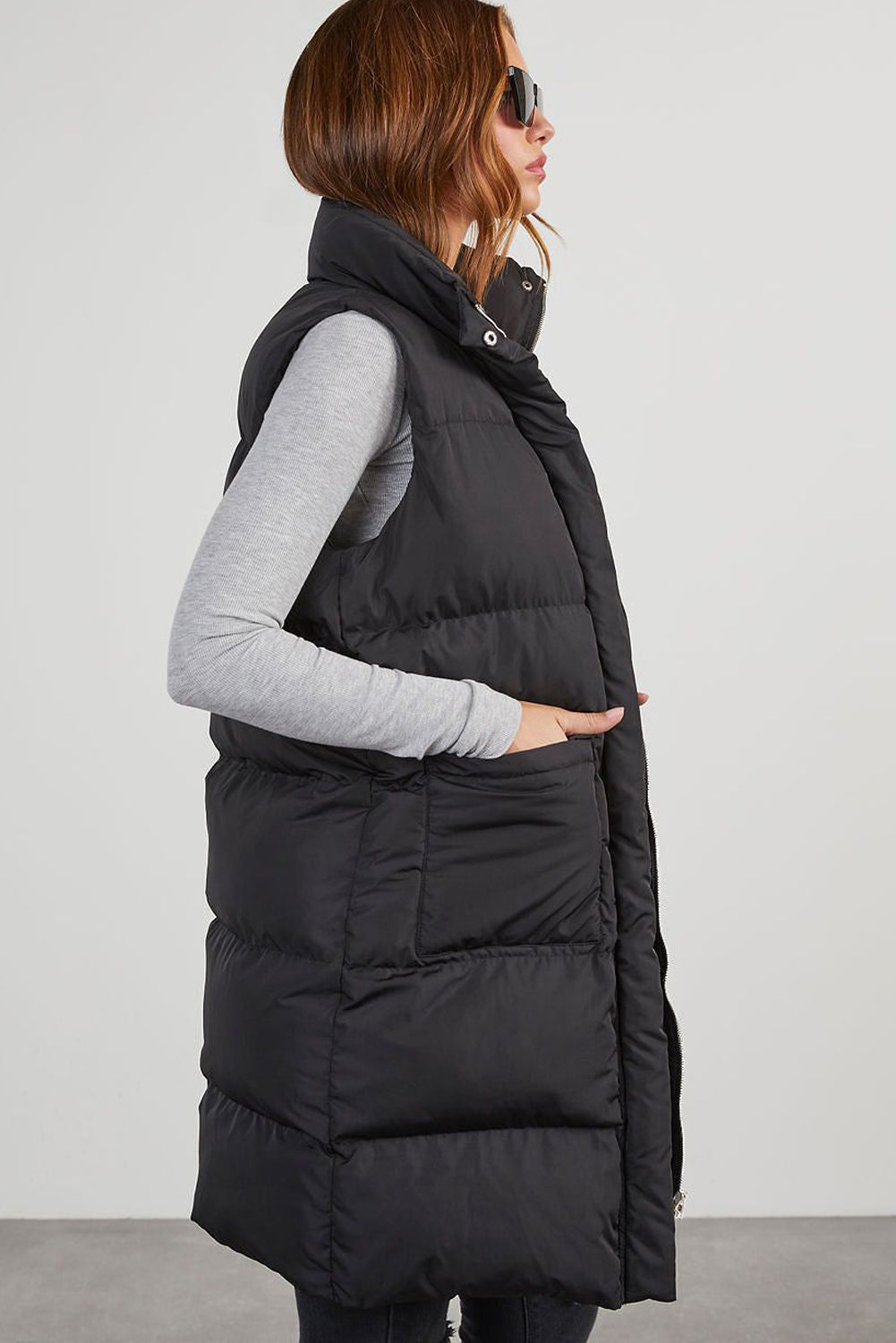 Black Windproof Longline Full Zipper Puffer Vest with Pockets-Chaelisa's New Jammies