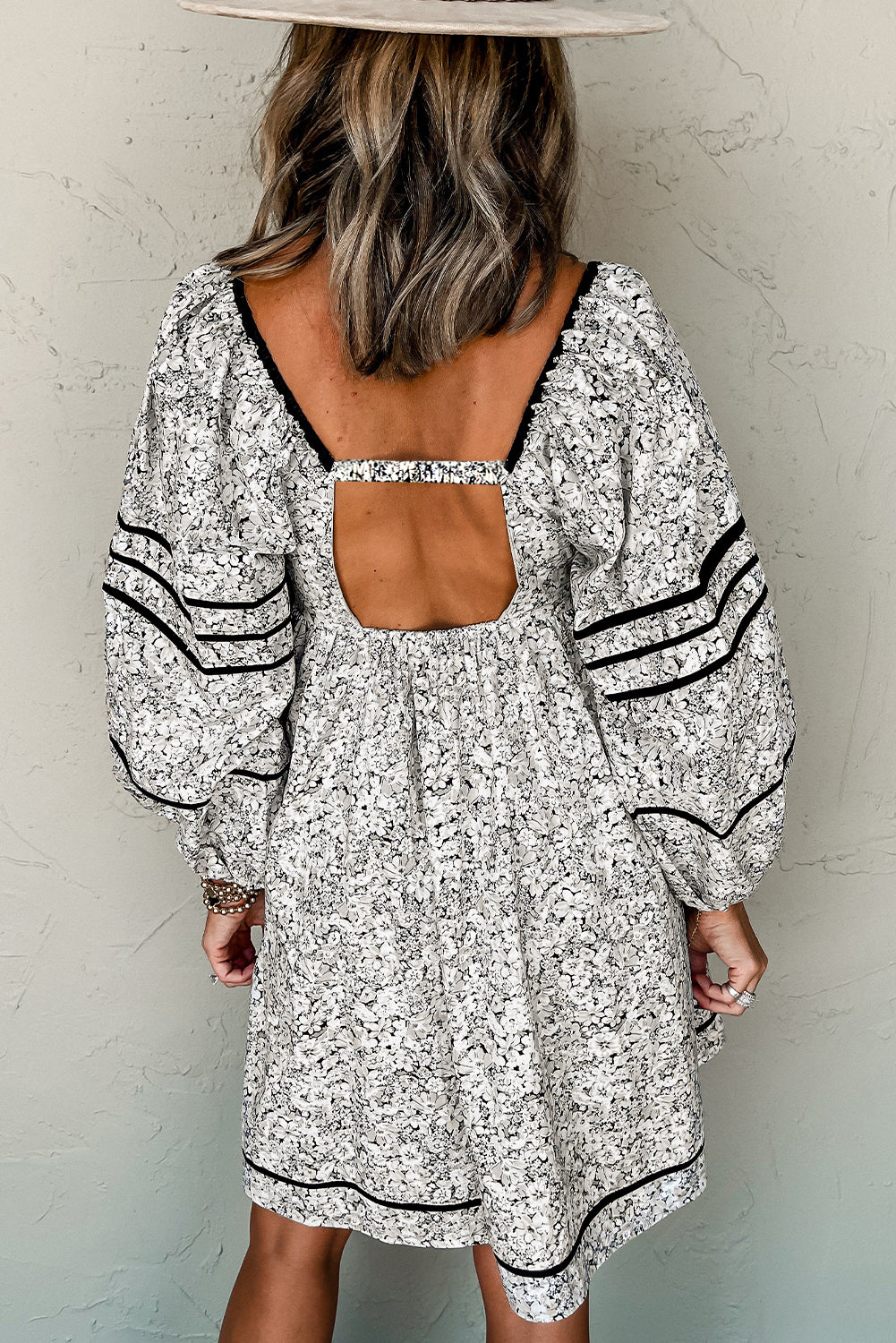 Gray Floral Print Open Back Balloon Sleeve Square Neck Mini Dress-Chaelisa's New Jammies