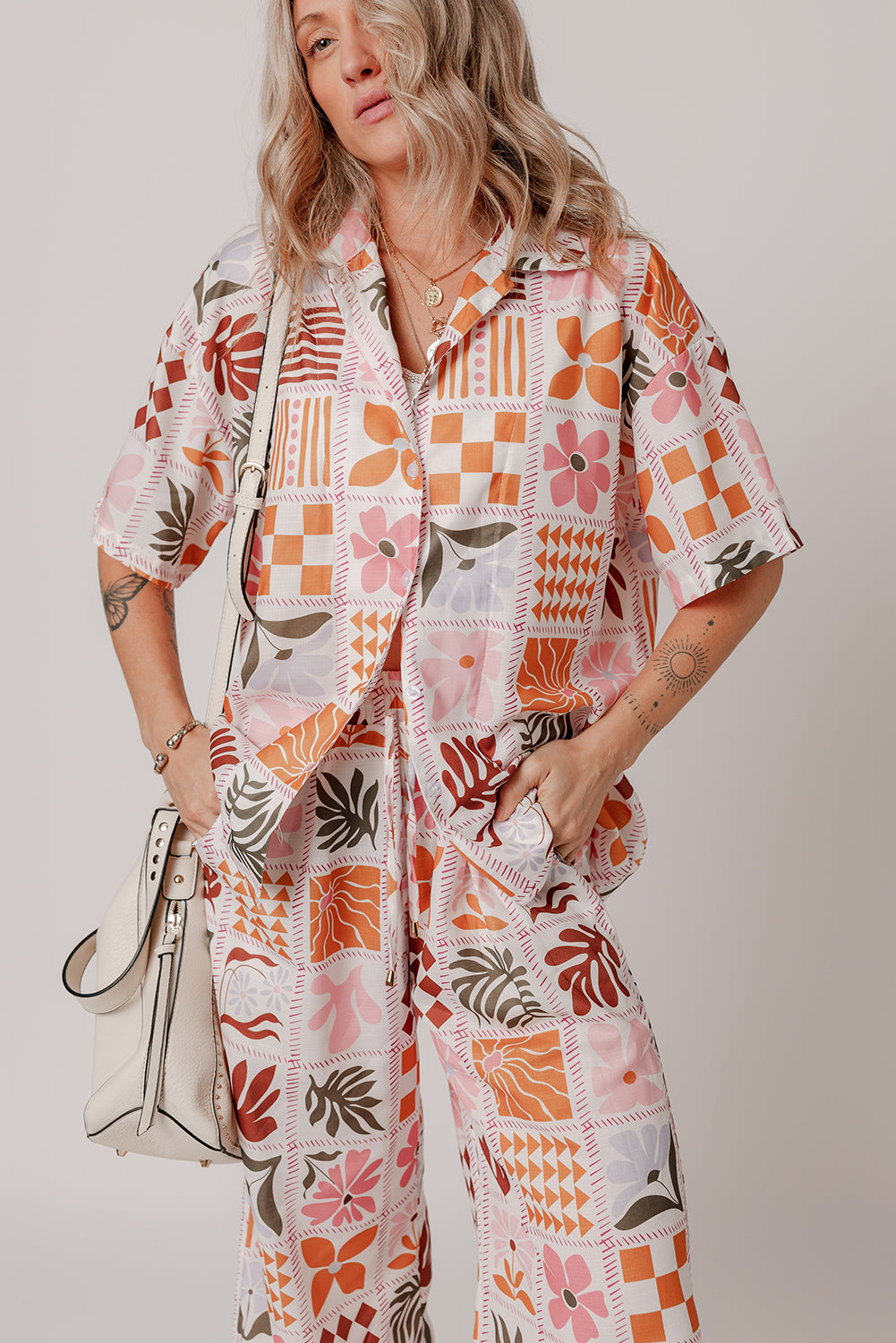 Orange Plant Checkered Print Collared Shirt and Wide Leg Pants Set-Chaelisa's New Jammies