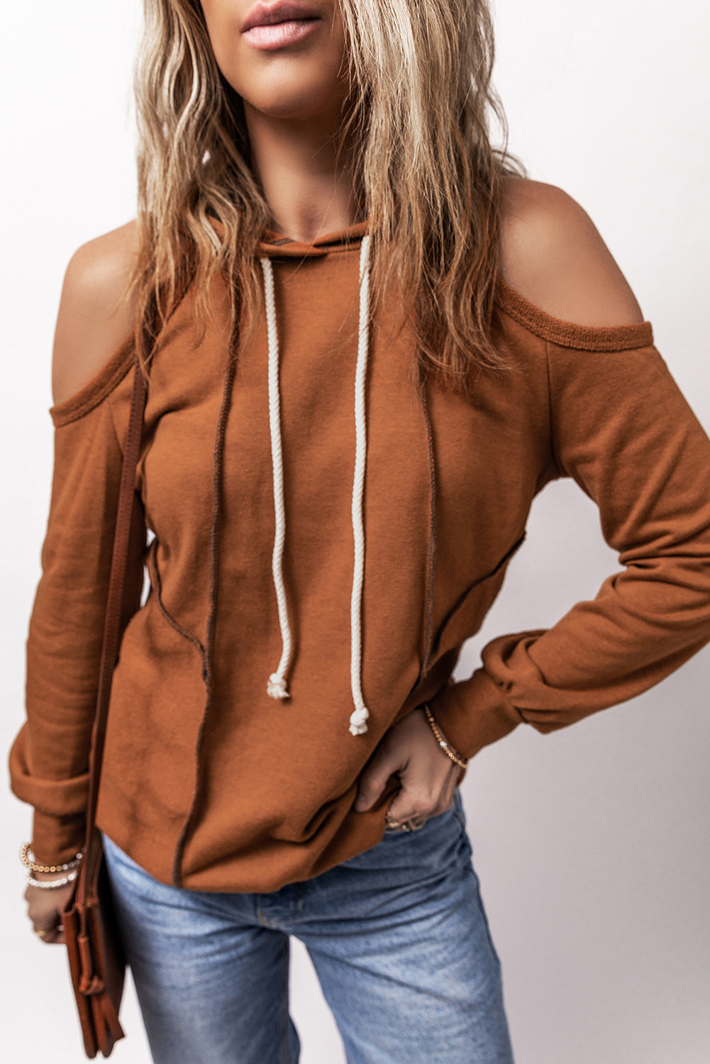 Cinnamon Exposed Seam Cold Shoulder Drawstring Hoodie-Chaelisa's New Jammies