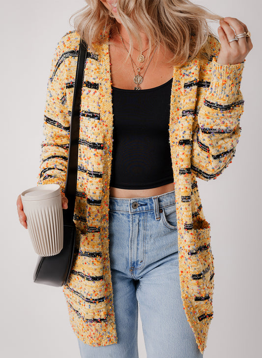 Beige Striped Pom Pom Knit Open Front Long Cardigan-Chaelisa's New Jammies