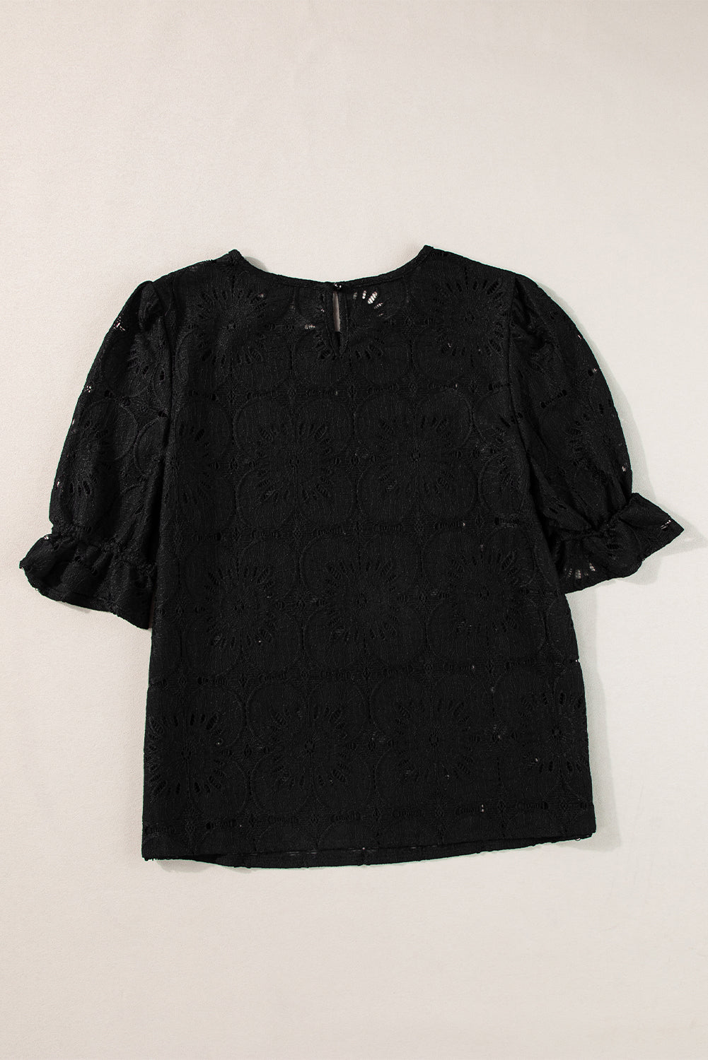 Black Flower Eyelet Jacquard Keyhole Flounce Sleeve Top-Chaelisa's New Jammies