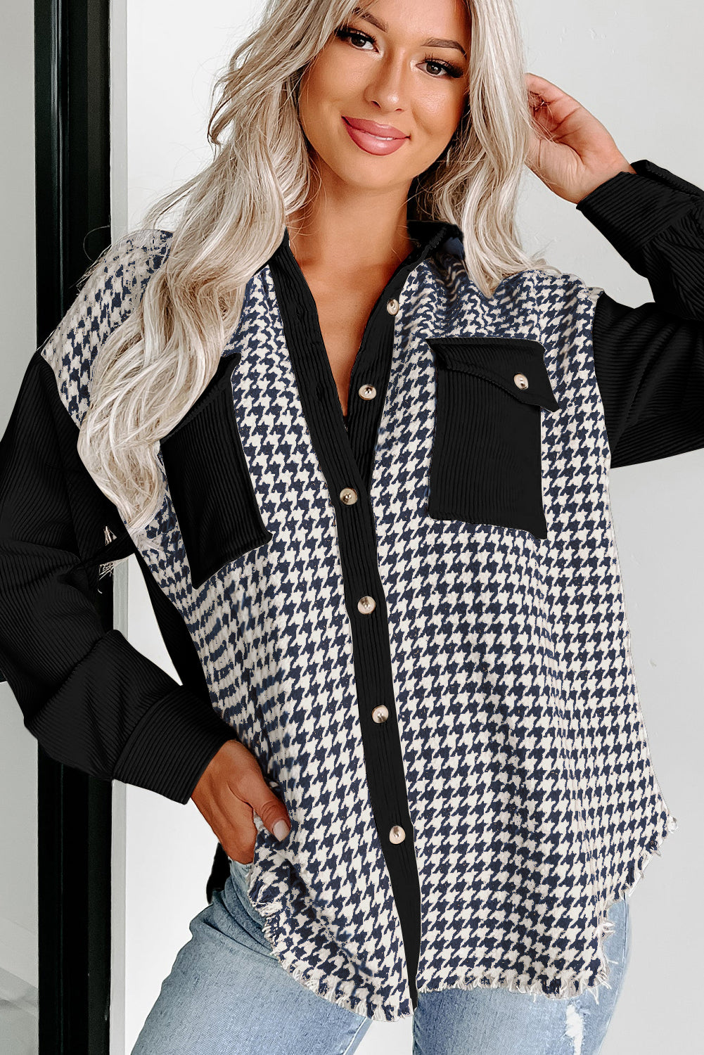 Black Houndstooth Corduroy Patchwork Flap Pocket Shacket-Chaelisa's New Jammies