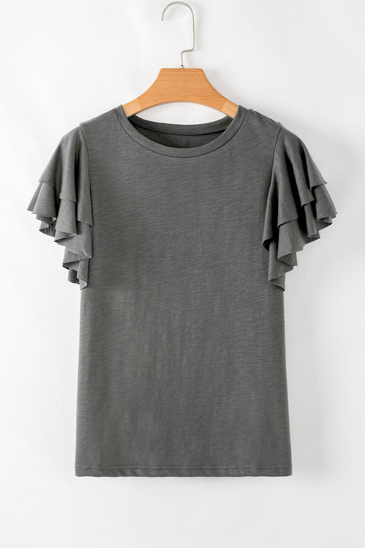 Dark Grey Layered Ruffle Short Sleeve Round Neck Top-Chaelisa's New Jammies
