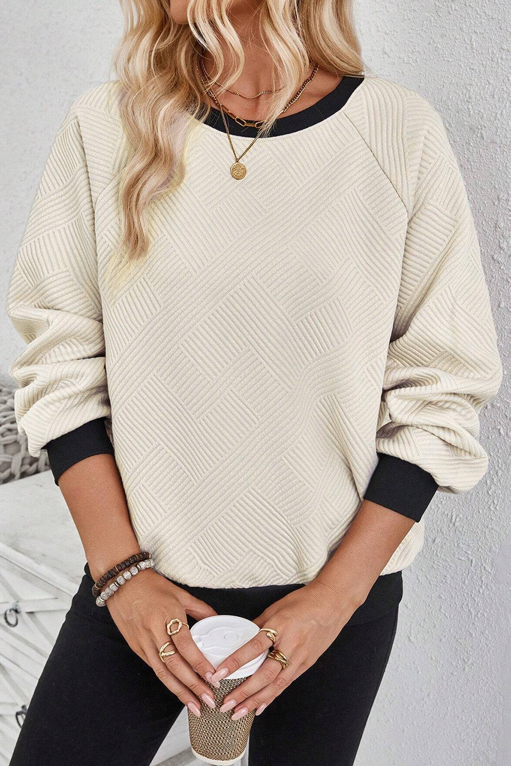 Jet Stream Color Block Edge Raglan Sleeve Crew Neck Textured Top-Chaelisa's New Jammies