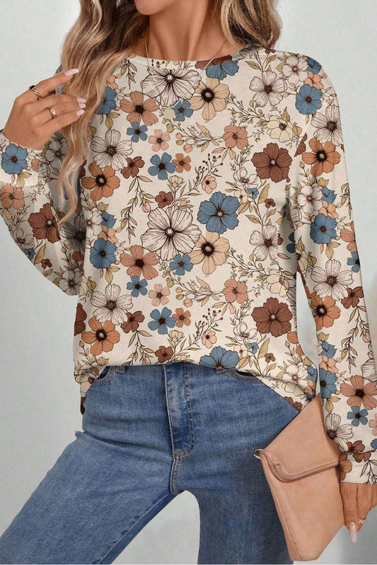 Khaki Floral Print Loose Crew Neck Long Sleeve T Shirt-Chaelisa's New Jammies