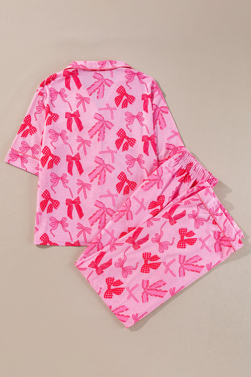 Pink Bow Knot Print Lapel Collar Short Sleeve and Pants Pajamas Set-Chaelisa's New Jammies