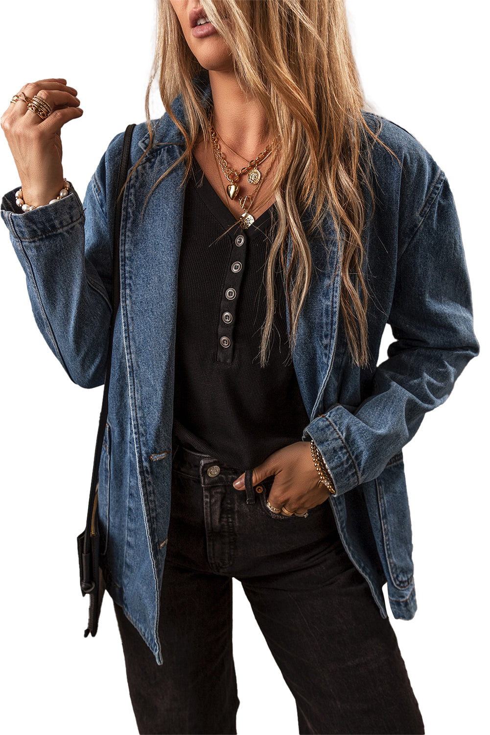 Sail Blue Side Pockets Lapel Collar Denim Jacket-Chaelisa's New Jammies