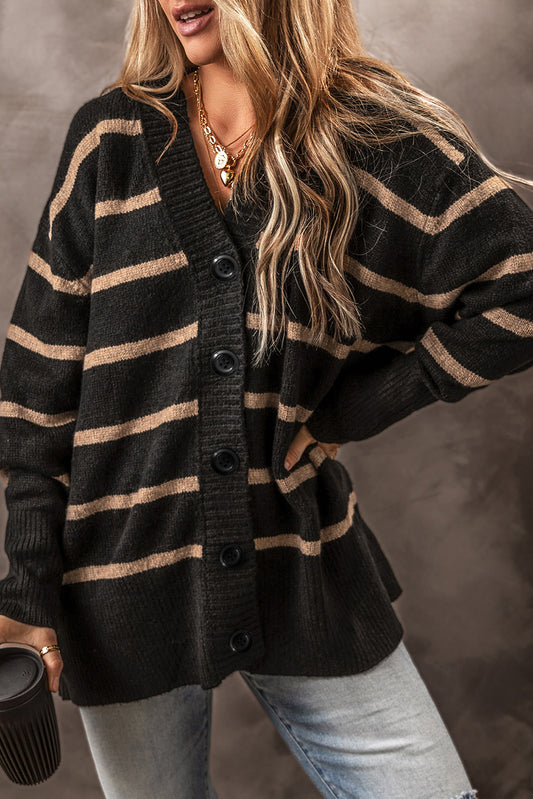 Black Stripe Buttoned V Neck Drop Shoulder Loose Cardigan-Chaelisa's New Jammies