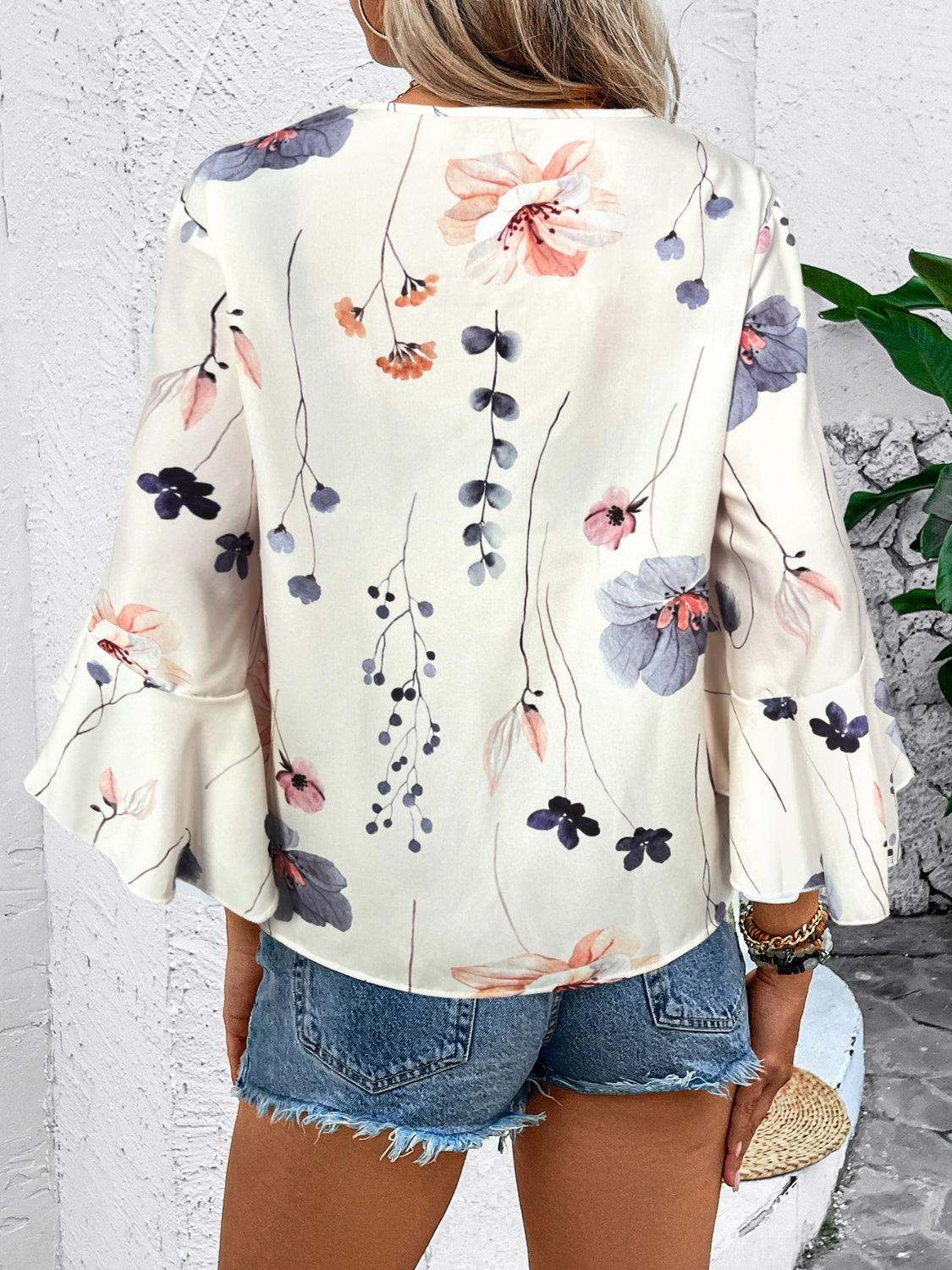 Ruffled Printed V-Neck Half Sleeve Blouse-Chaelisa's New Jammies