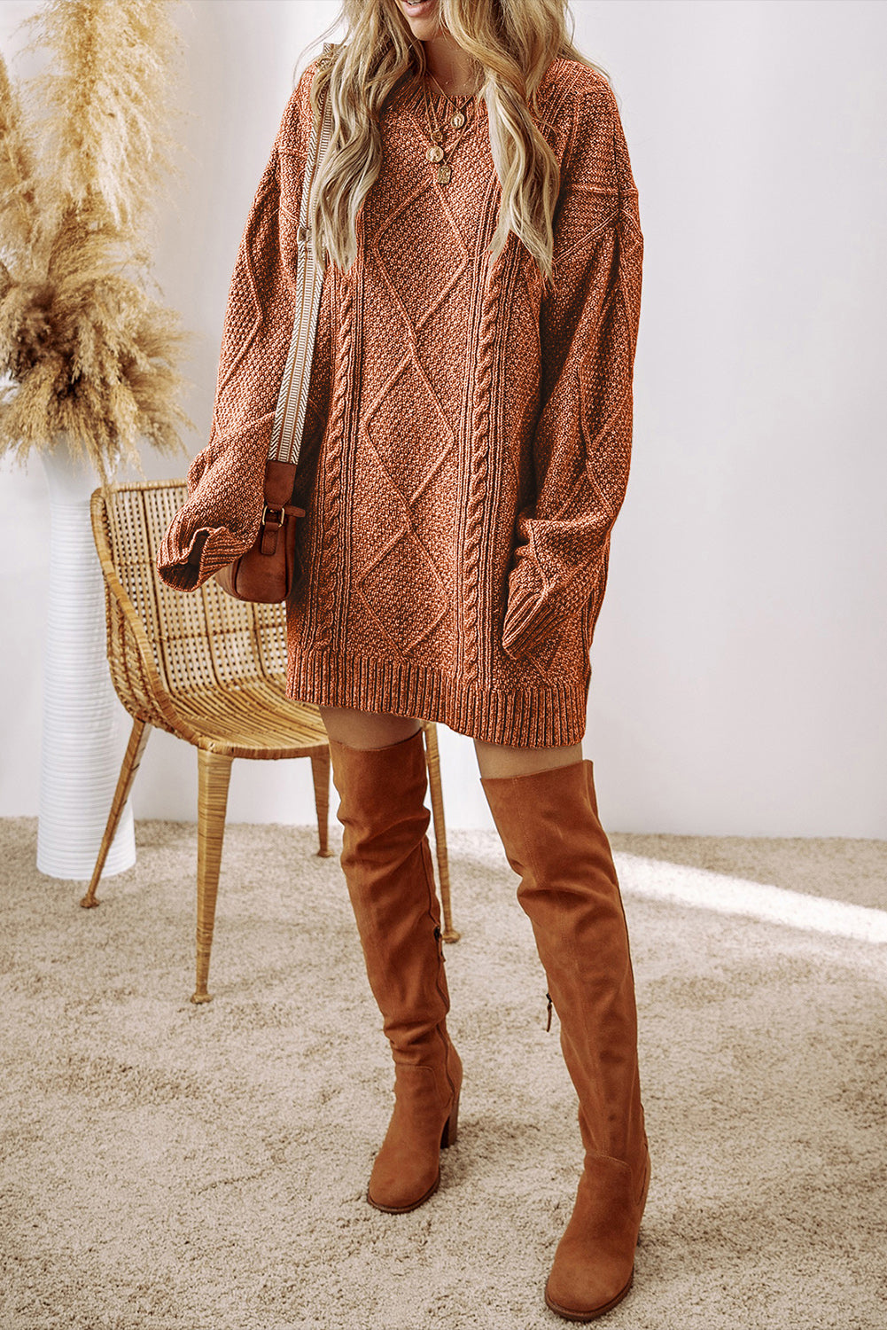Coffee Cable Knit Drop Shoulder Loose Fit Sweater Dress-Chaelisa's New Jammies