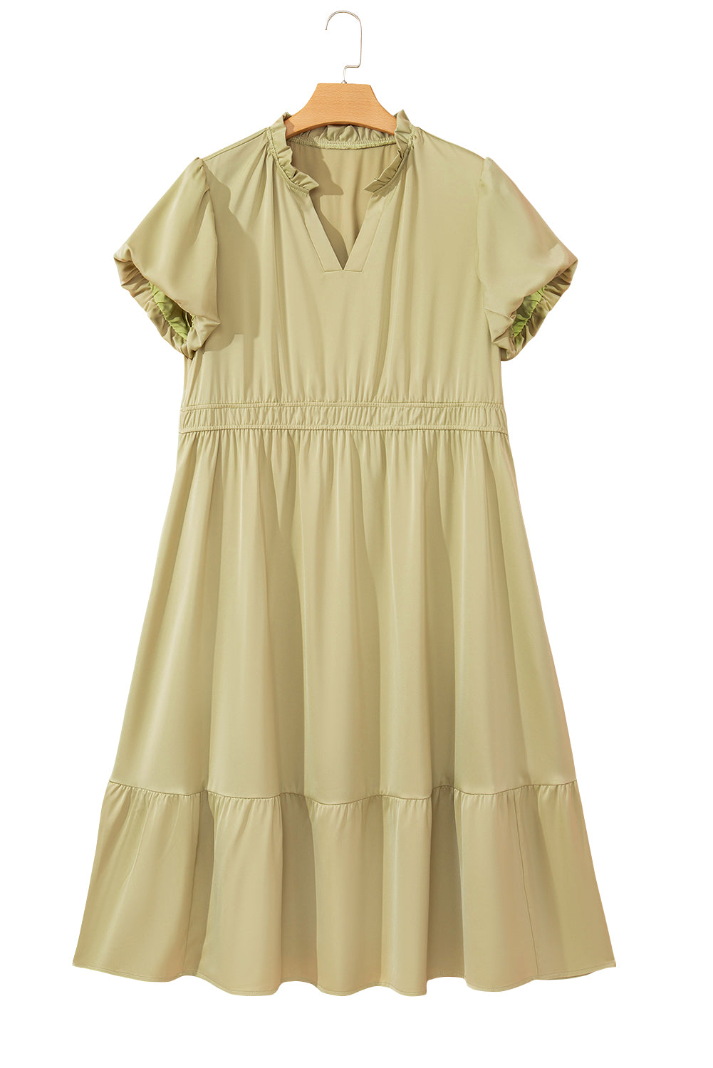 Laurel Green Notched V Neck Puff Sleeve Tiered Plus Size Maxi Dress-Chaelisa's New Jammies