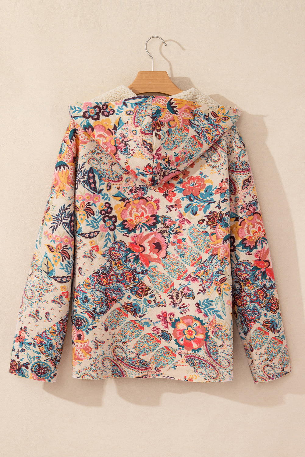 Beige Vintage Paisley Floral Printed Sherpa Lined Hooded Jacket-Chaelisa's New Jammies