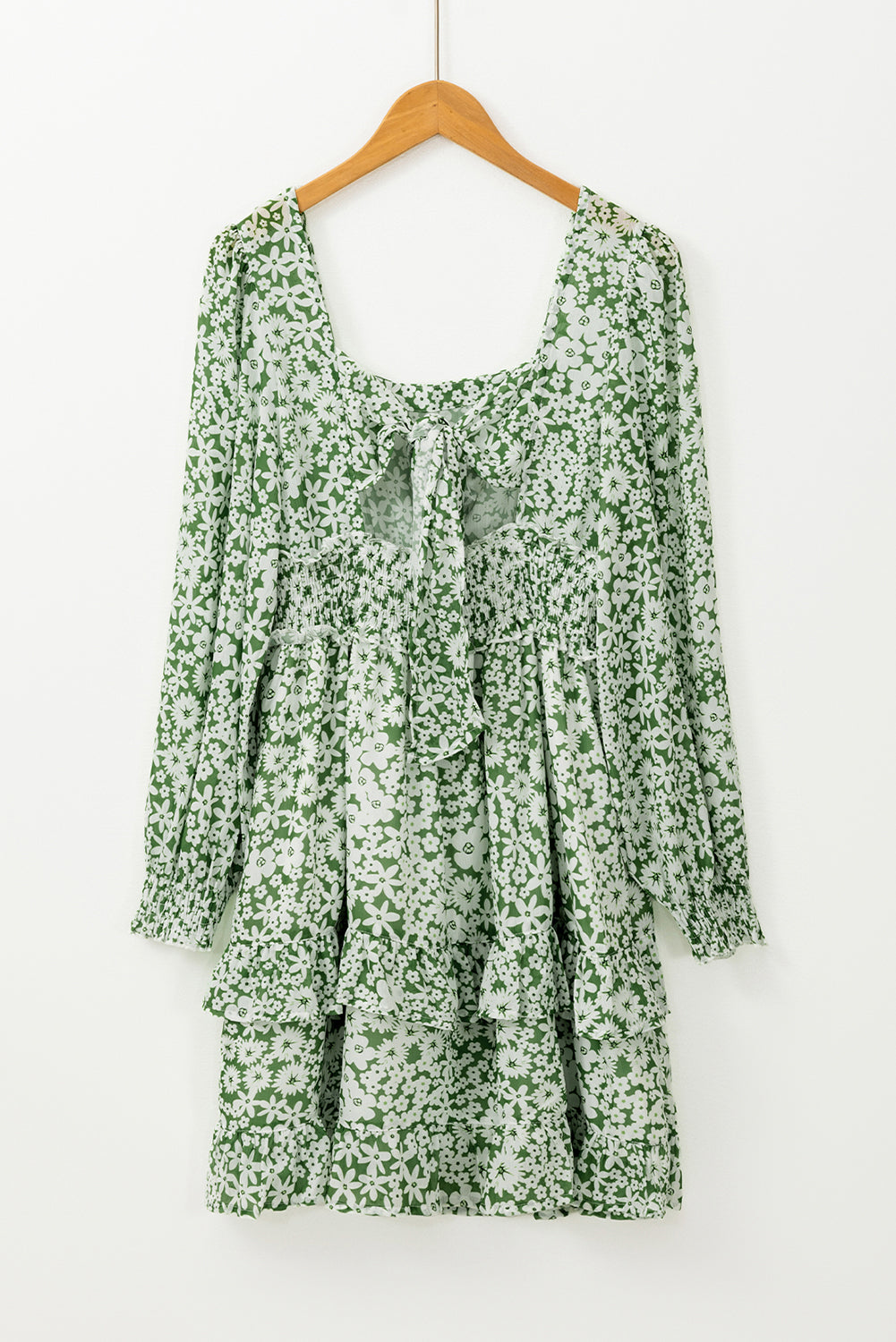 Green Floral Print Square Neck Shirred Waist Tiered Ruffled Mini Dress-Chaelisa's New Jammies