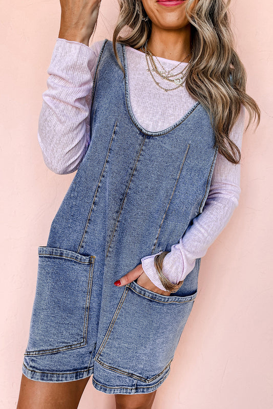 Dusk Blue Sleeveless U Neck Patched Pocket Denim Romper-Chaelisa's New Jammies