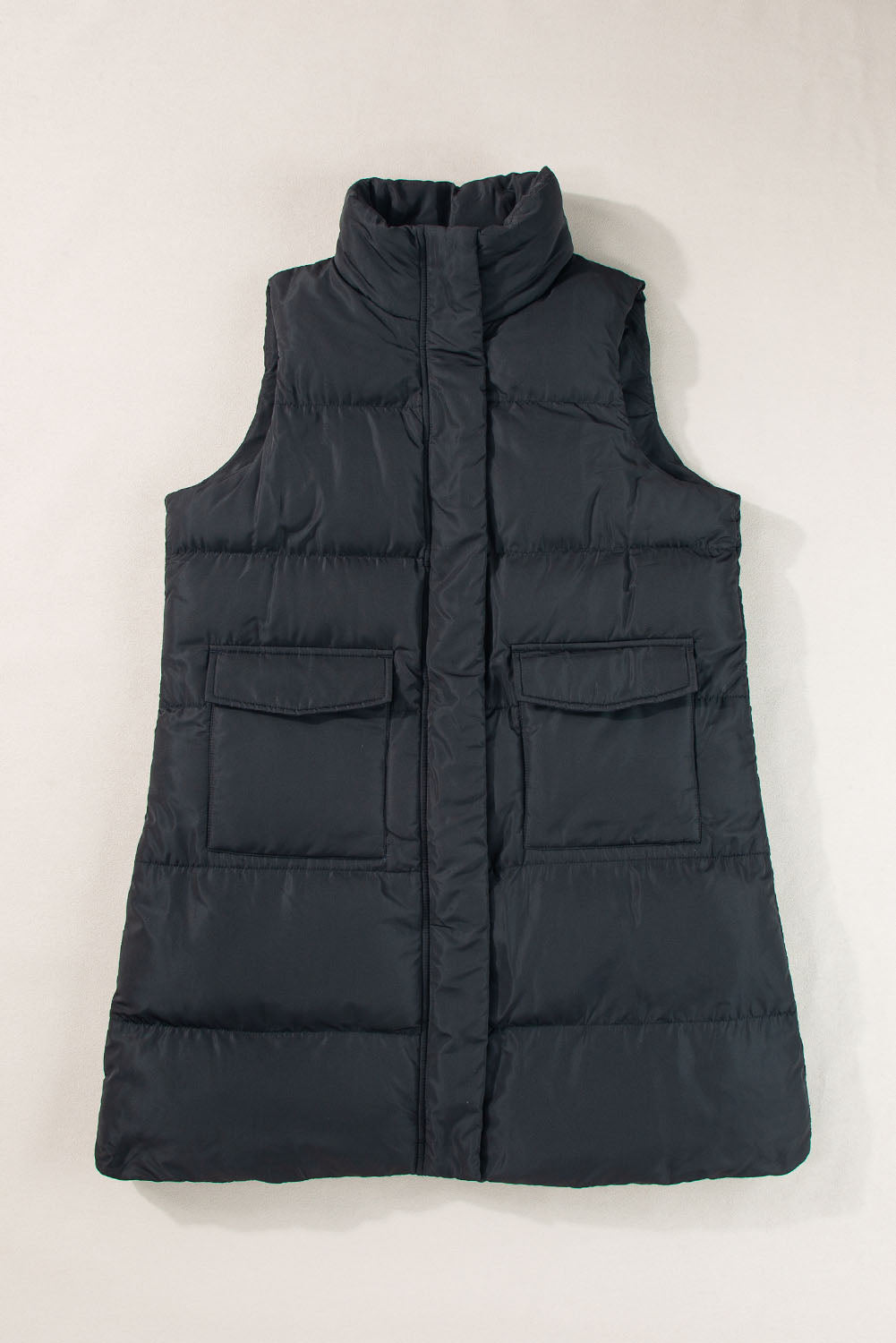 Black Windproof Longline Full Zipper Puffer Vest with Pockets-Chaelisa's New Jammies