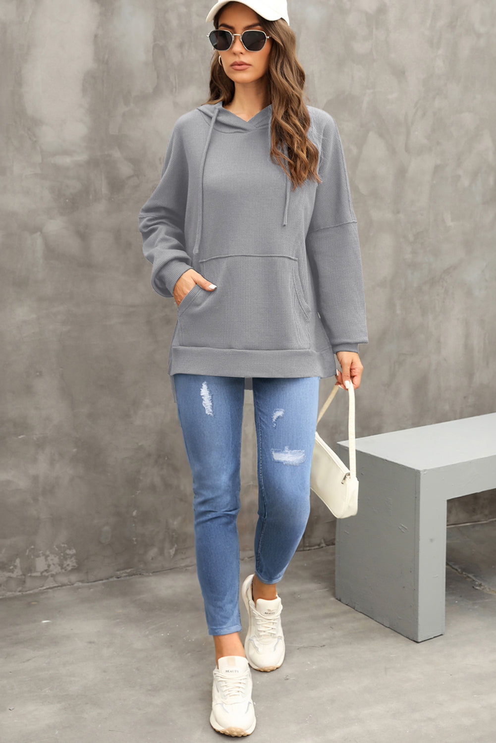 Gray Waffle Knit Fleece Lined High Low Oversized Hoodie-Chaelisa's New Jammies