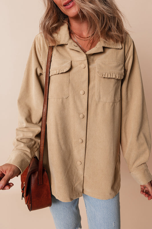 Light French Beige Solid Frilled Flap Pocket Button Up Corduroy Shacket-Chaelisa's New Jammies