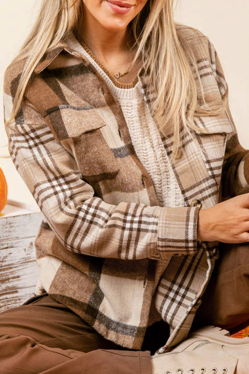 Light French Beige Flannel Plaid Double Flap Pocket Shacket-Chaelisa's New Jammies