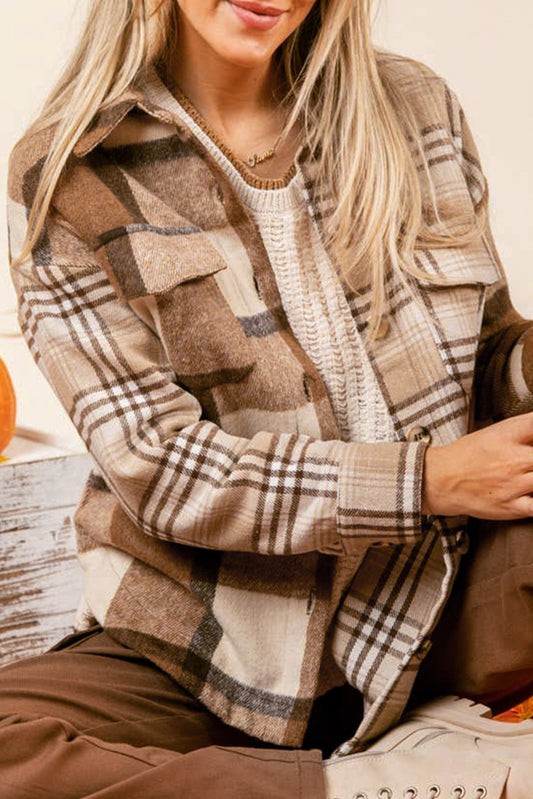 Light French Beige Flannel Plaid Double Flap Pocket Shacket-Chaelisa's New Jammies