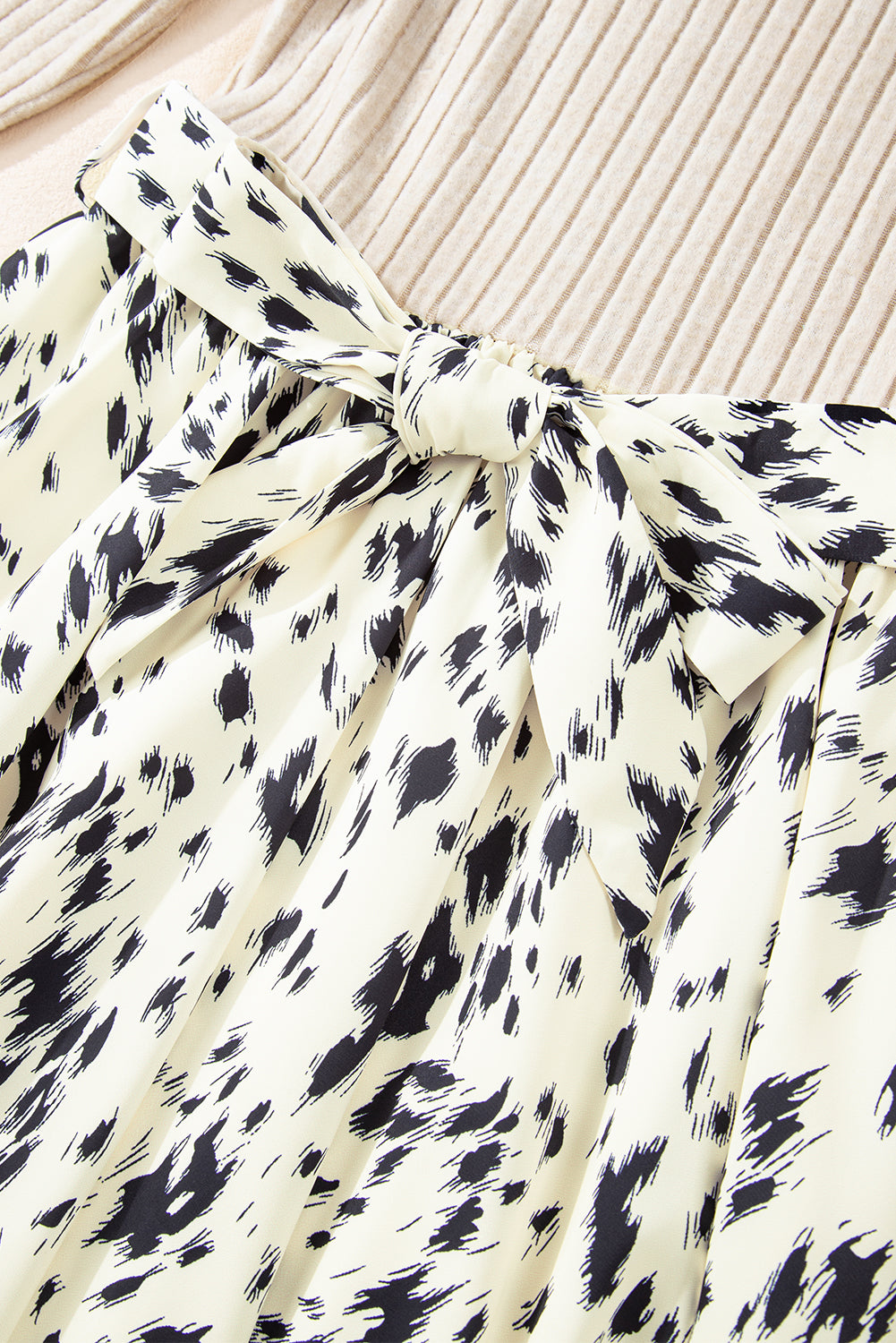 Beige Ribbed Knit Patchwork Printed Belted A-line Dress-Chaelisa's New Jammies