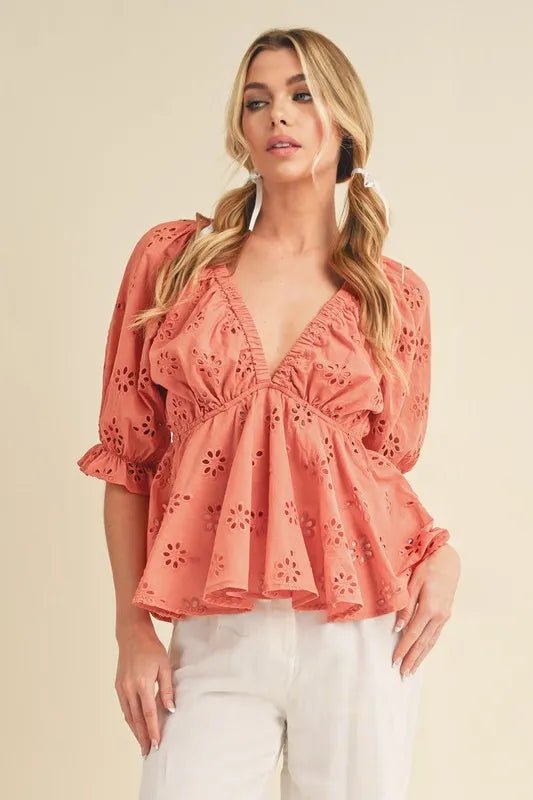 Aemi + Co Eyelet Embroidered V - Neck Half Sleeve Peplum Blouse - Chaelisa's New Jammies