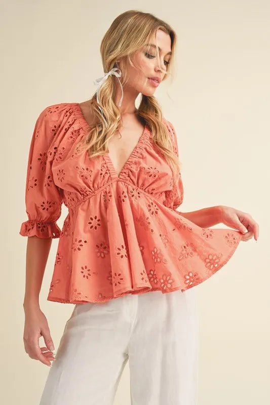 Aemi + Co Eyelet Embroidered V - Neck Half Sleeve Peplum Blouse - Chaelisa's New Jammies