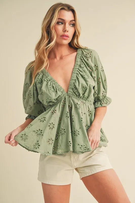 Aemi + Co Eyelet Embroidered V - Neck Half Sleeve Peplum Blouse - Chaelisa's New Jammies