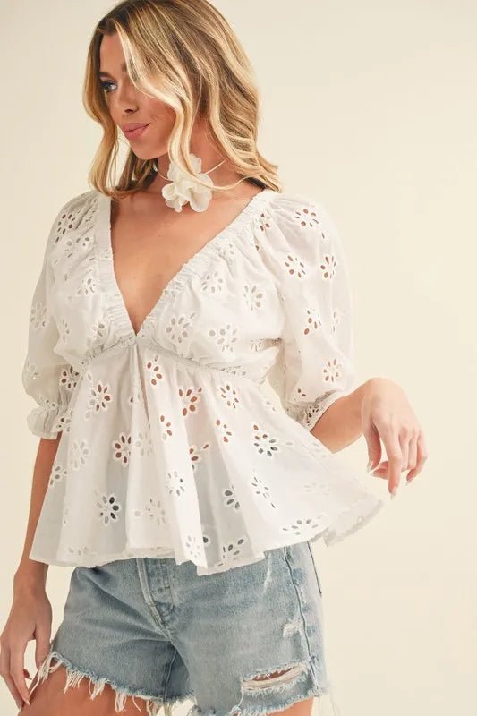 Aemi + Co Eyelet Embroidered V - Neck Half Sleeve Peplum Blouse - Chaelisa's New Jammies