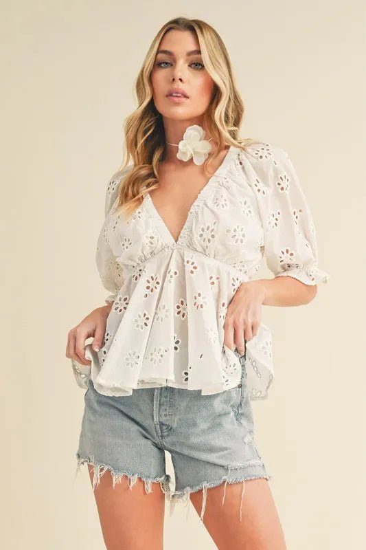 Aemi + Co Eyelet Embroidered V - Neck Half Sleeve Peplum Blouse - Chaelisa's New Jammies