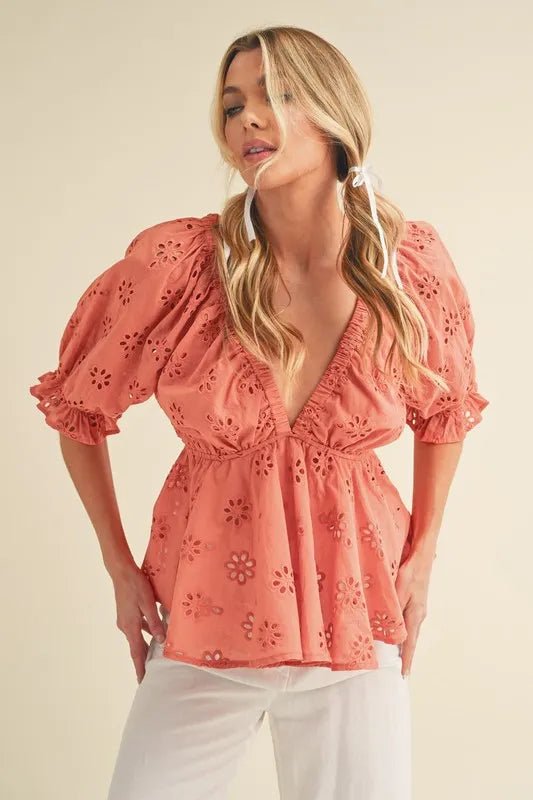 Aemi + Co Eyelet Embroidered V - Neck Half Sleeve Peplum Blouse - Chaelisa's New Jammies