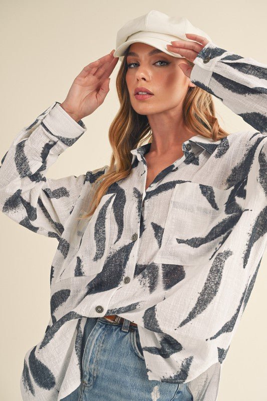 Aemi + Co High - Low Printed Button Up Long Sleeve Shirt - Chaelisa's New Jammies
