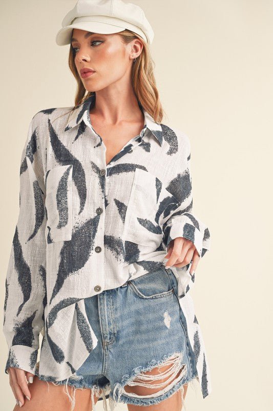 Aemi + Co High - Low Printed Button Up Long Sleeve Shirt - Chaelisa's New Jammies