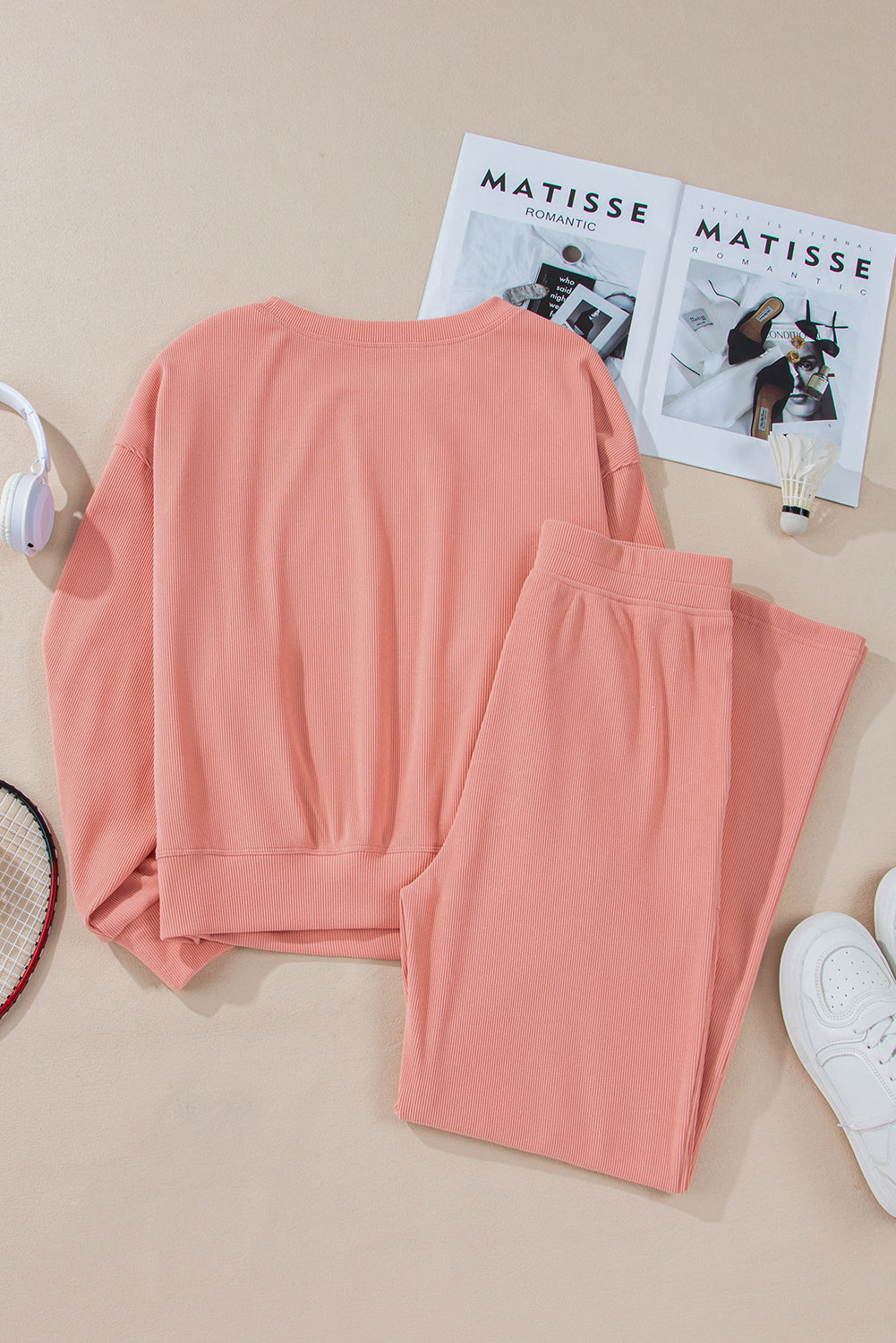 Blossom Ribbed Knit Drop Shoulder Pocketed Two Piece Lounge Set-Chaelisa's New Jammies