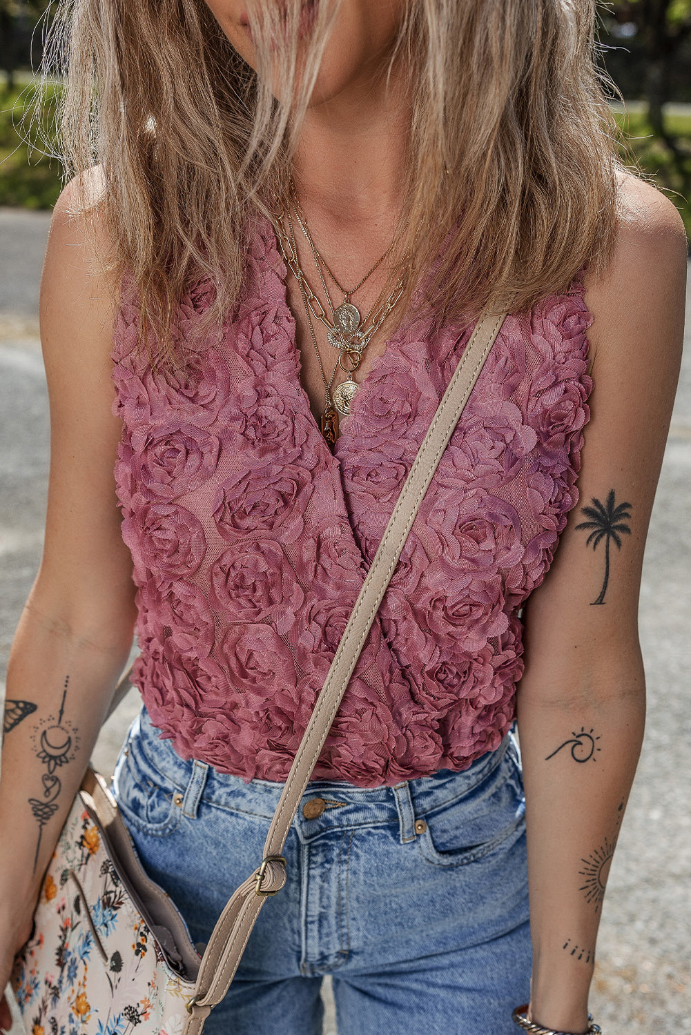 Heather Floral Textured V Neck Wrapped Sleeveless Bodysuit-Chaelisa's New Jammies