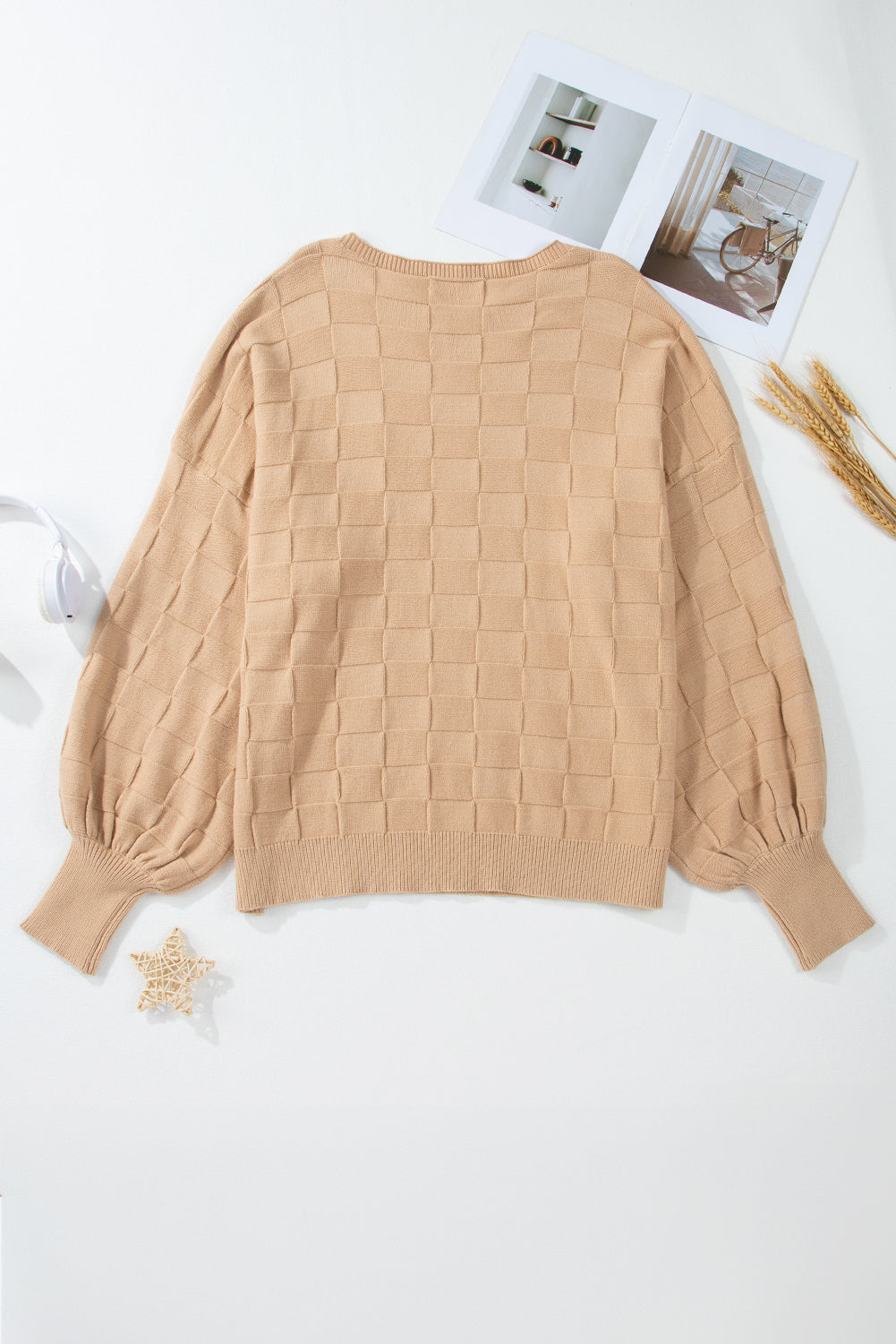 Light French Beige Solid Checkered Textured Knit Plus Size Sweater-Chaelisa's New Jammies