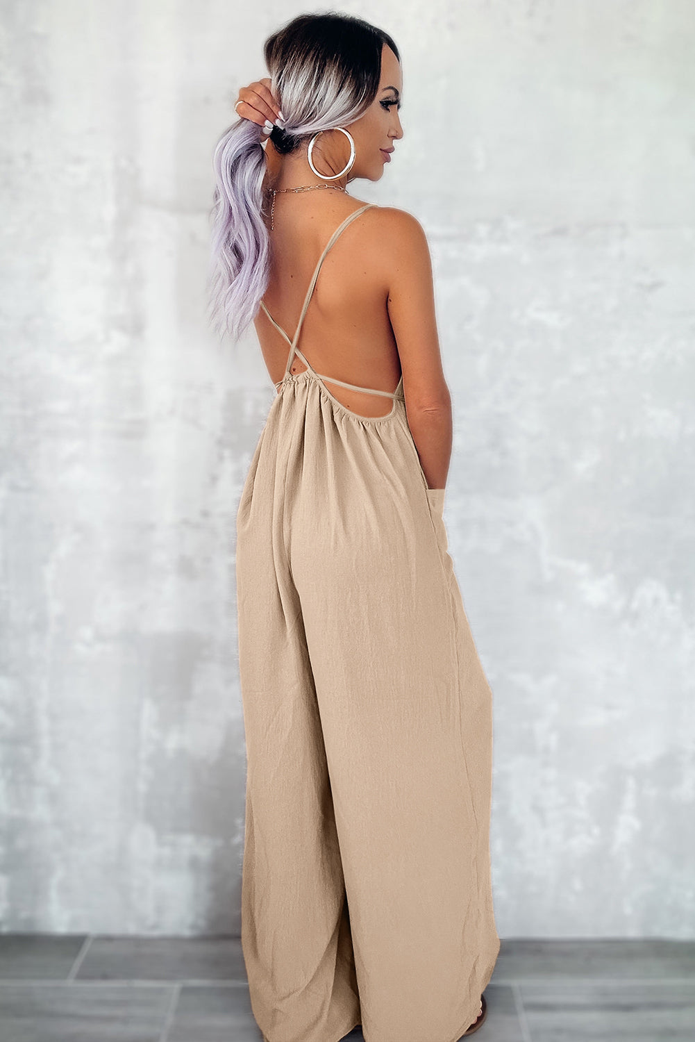 Apricot Spaghetti Straps Waist Tie Wide Leg Jumpsuit with Pockets-Chaelisa's New Jammies