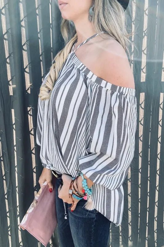And The Why Stripe Printed Cold Shoulder Halter Neck Top - Chaelisa's New Jammies