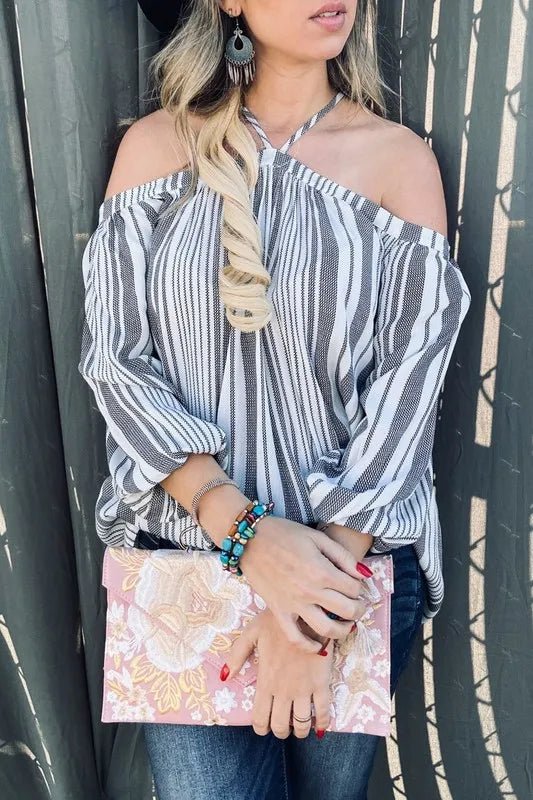 And The Why Stripe Printed Cold Shoulder Halter Neck Top - Chaelisa's New Jammies