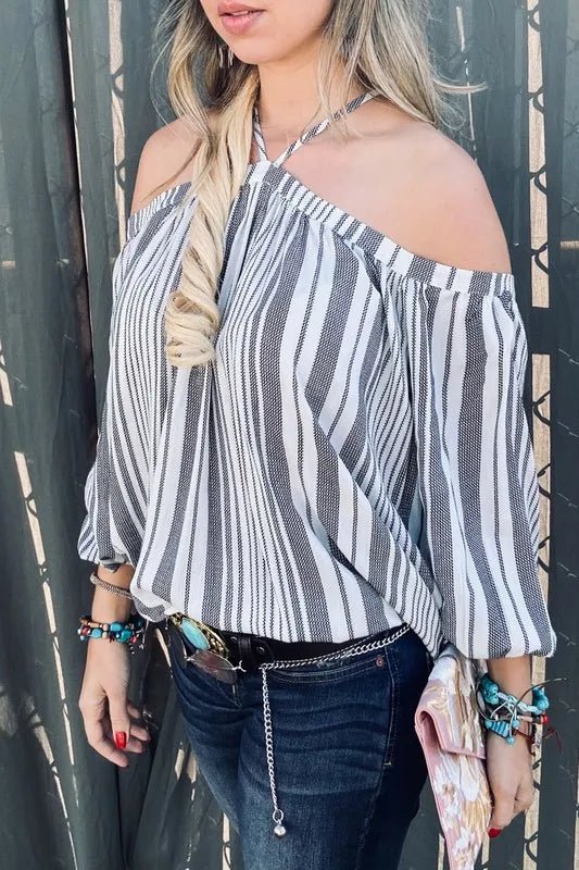 And The Why Stripe Printed Cold Shoulder Halter Neck Top - Chaelisa's New Jammies