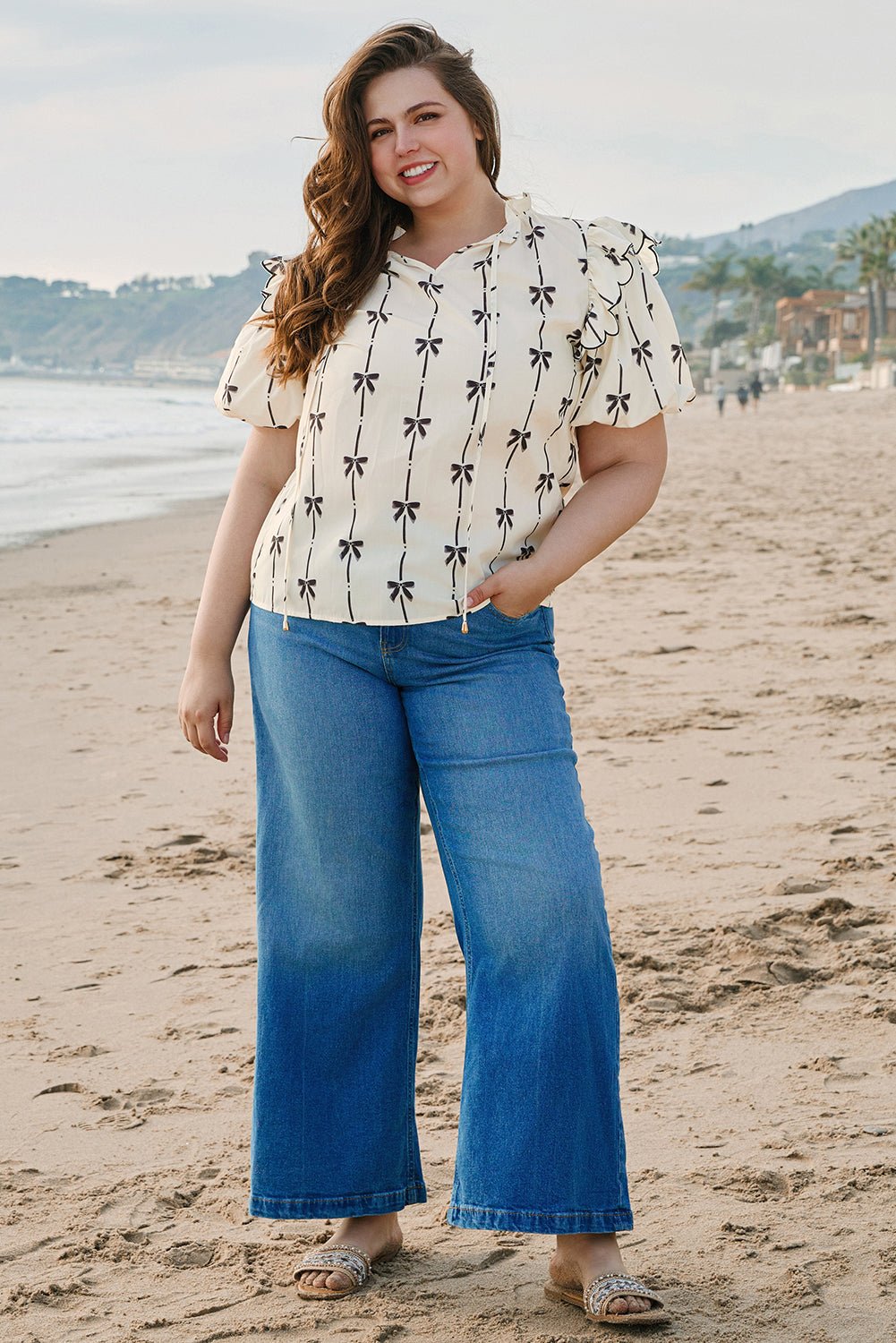 Apricot Bow Printed Ruffled Bubble Sleeve Lace - up Notched Neck Plus Size Blouse - Chaelisa's New Jammies