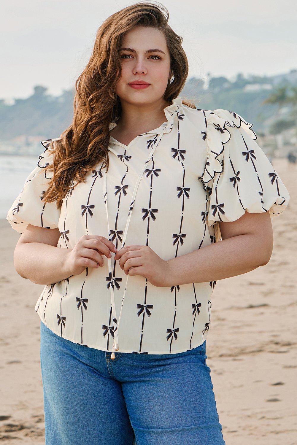 Apricot Bow Printed Ruffled Bubble Sleeve Lace - up Notched Neck Plus Size Blouse - Chaelisa's New Jammies