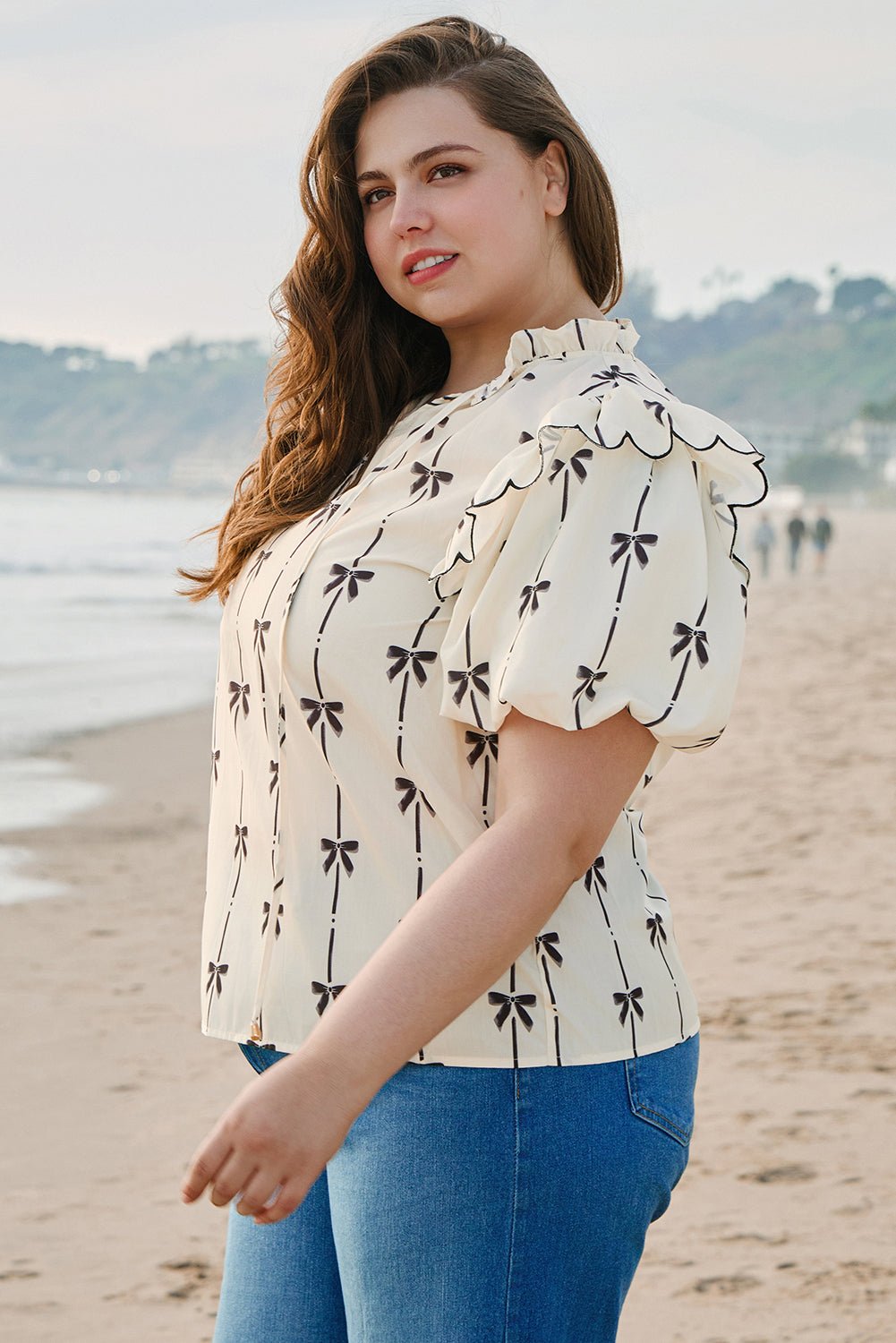 Apricot Bow Printed Ruffled Bubble Sleeve Lace - up Notched Neck Plus Size Blouse - Chaelisa's New Jammies